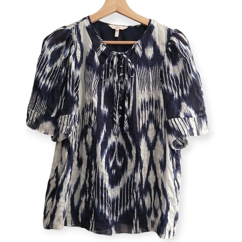 Rebecca Taylor Silk Short Sleeve Button Up Blouse Tie Neck Blue White 8